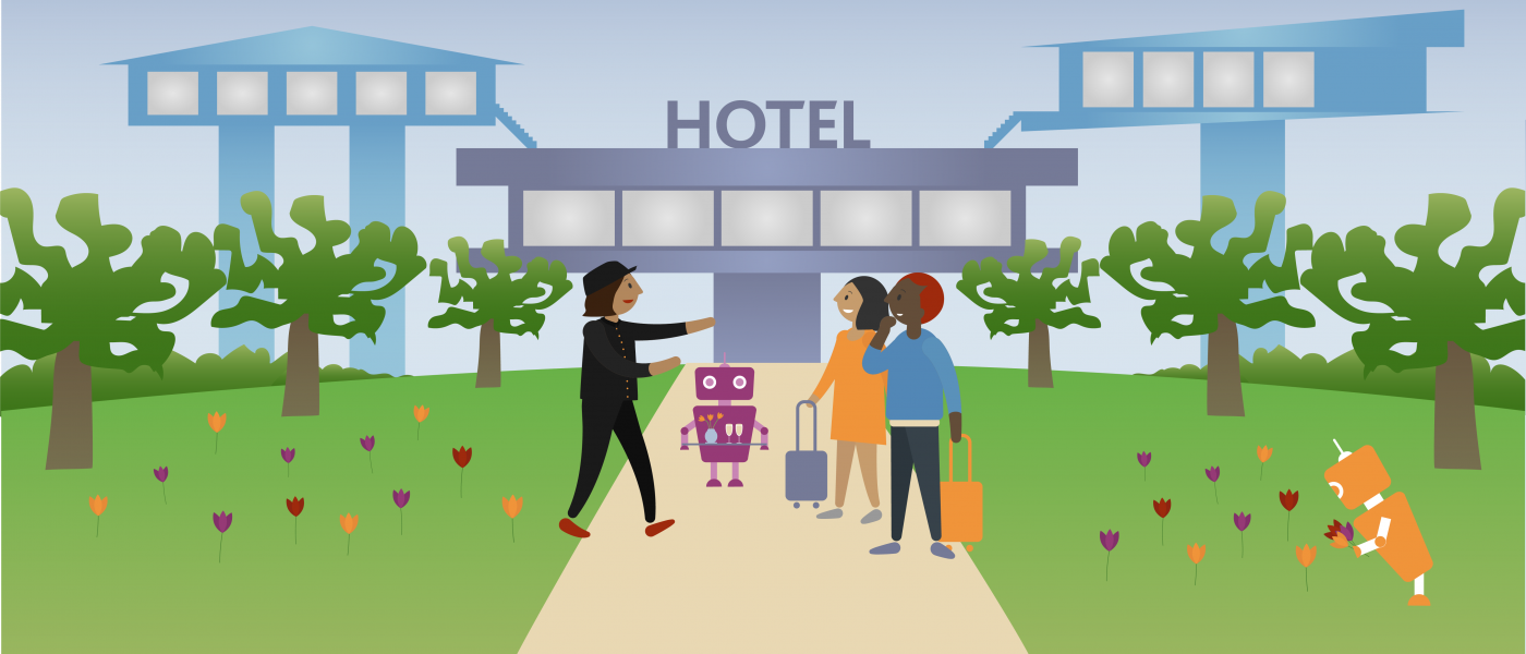 Illustration med tre personer och en robot som står utanför ett hotell