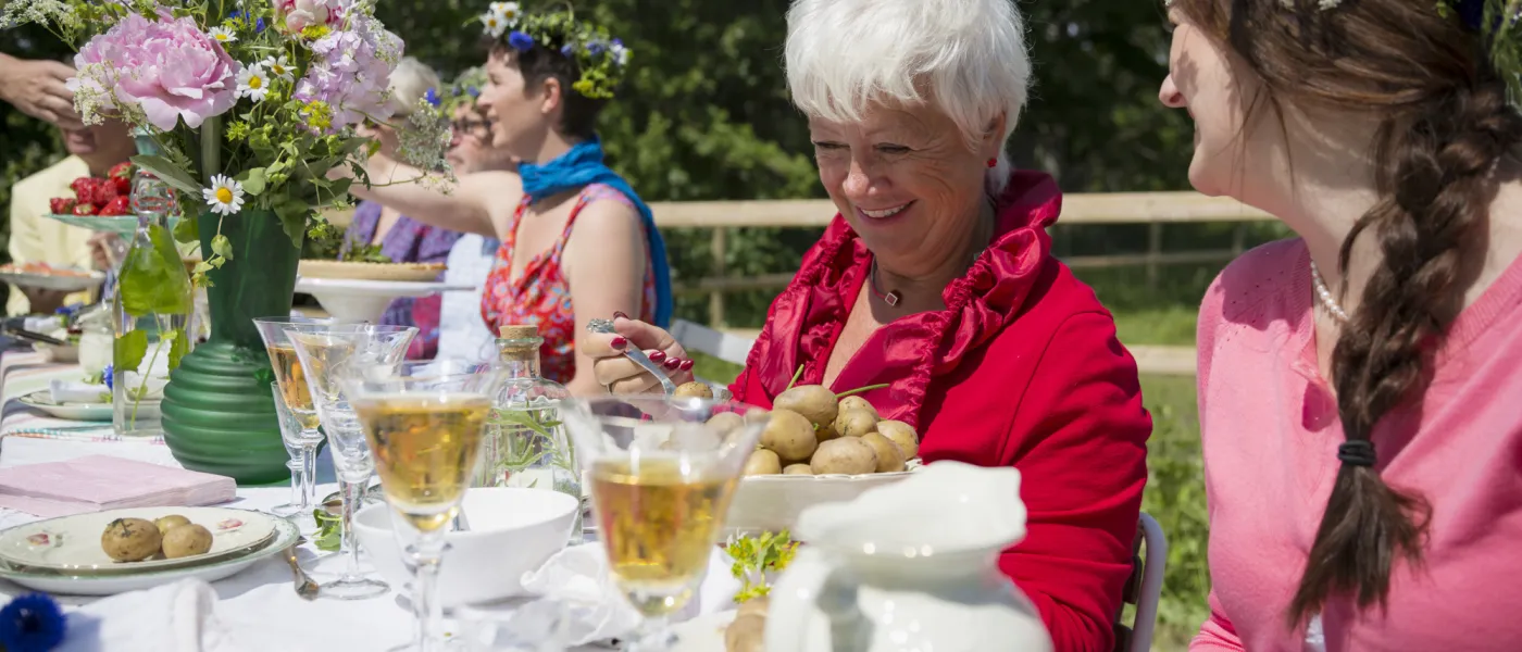 Glada människor äter midsommarlunch en solig dag. 