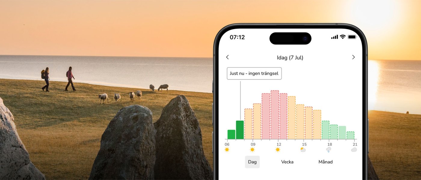 Bild på en telefon med Uncrowded uppe. Ett par med natur och hav i bakgrunden.