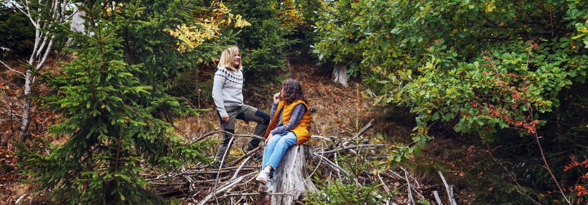 Två tjejer en höstig dag i en granskog. Den ena sitter på en stubbe och tittar upp mot den andra som står bredvid. Foto.