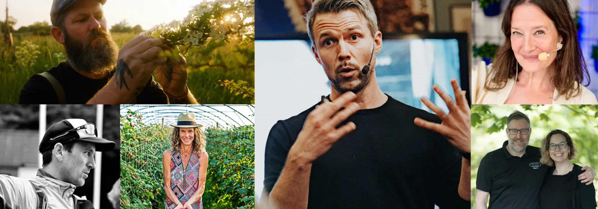 Kollage över inbjudna talare. Linda Dahl, Magnus och Maria Hallin, Jerry Engström, Emma Jönsson, Gael Joly och Mick Daly. 