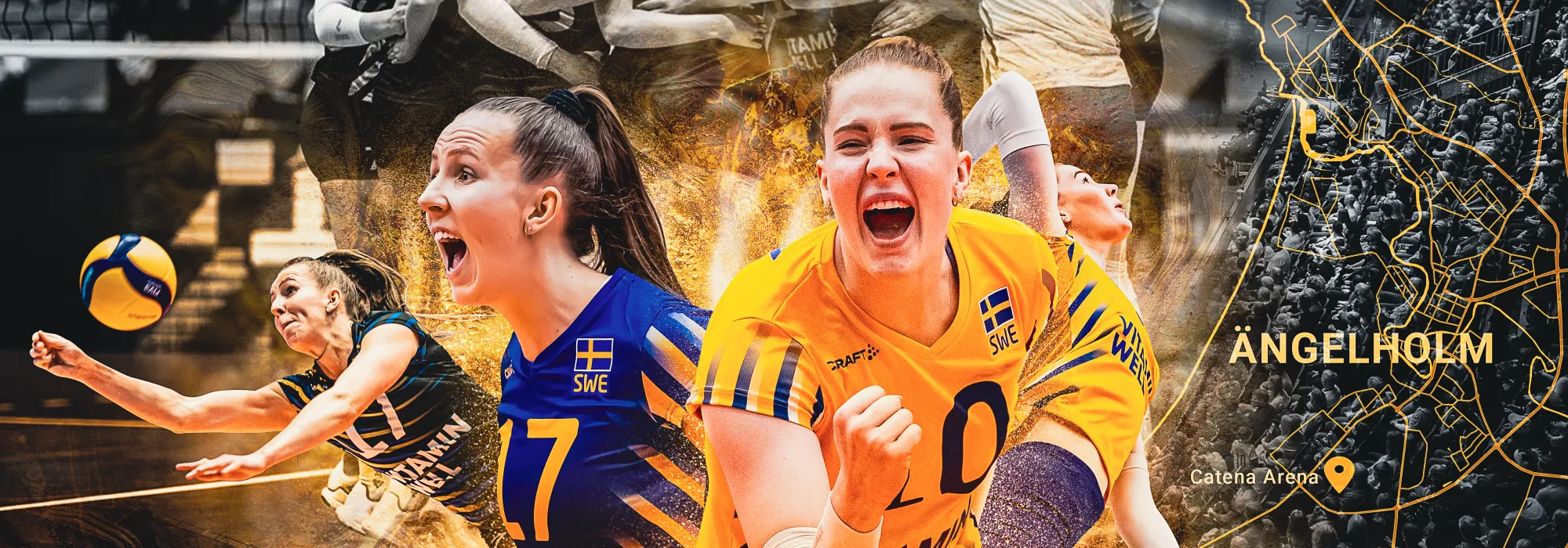 Kollage med svenska damlaget i volleyboll i olika matchsituationer
