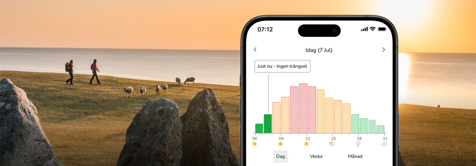 Bild på en telefon med Uncrowded uppe. Ett par med natur och hav i bakgrunden.