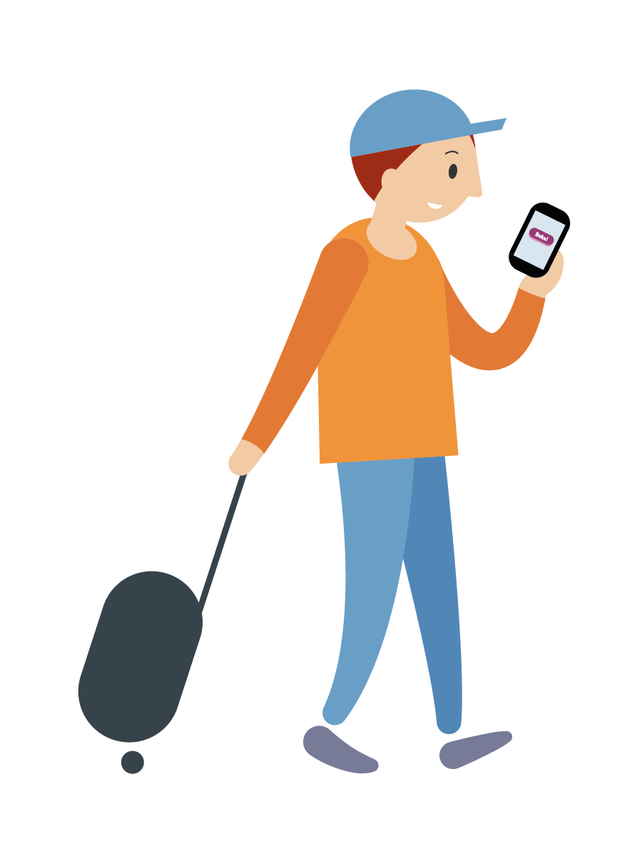 Illustration av person med resväska och mobiltelefon