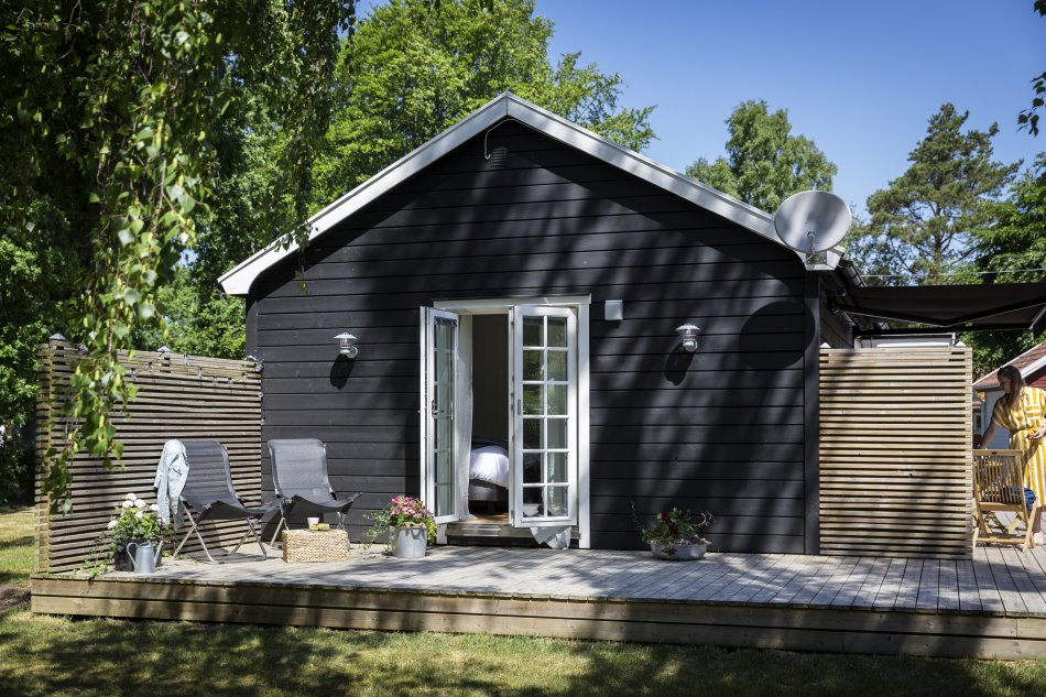 Dekorativ bild med en stuga i solsken
