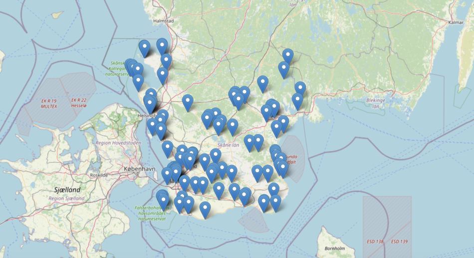 Karta över Skåne utmärkt med kartnålar över platser med upplevelser.