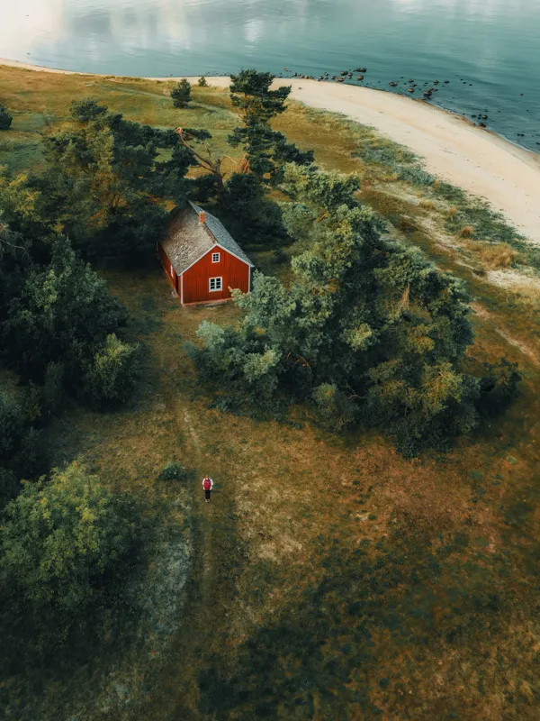 Rött hus i skogsdunge nära havet