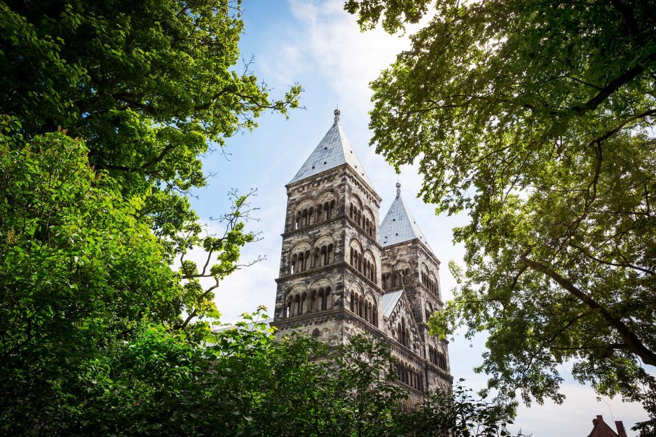 Grodperspektiv på lunds domkyrka med träd