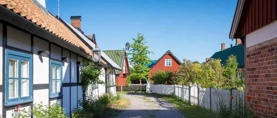 Liten med gammaldags hus 