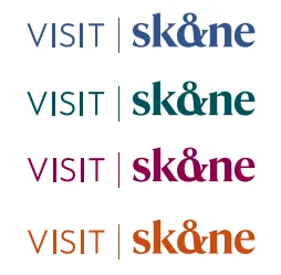 Visit Skåne logotypen i fyra olika färger, blå, grön, rosa och orange