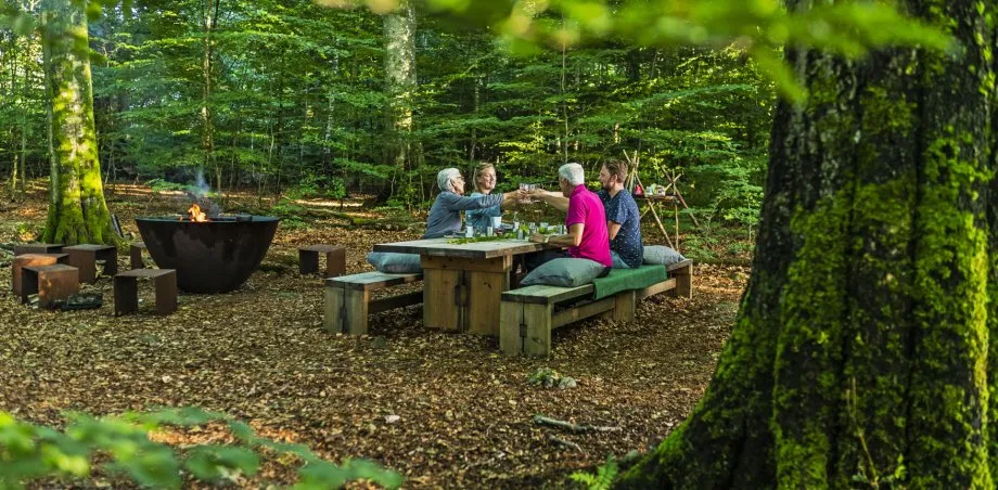 Fyra personer skålar vid ett bord i skogen med ett eldfat bredvid