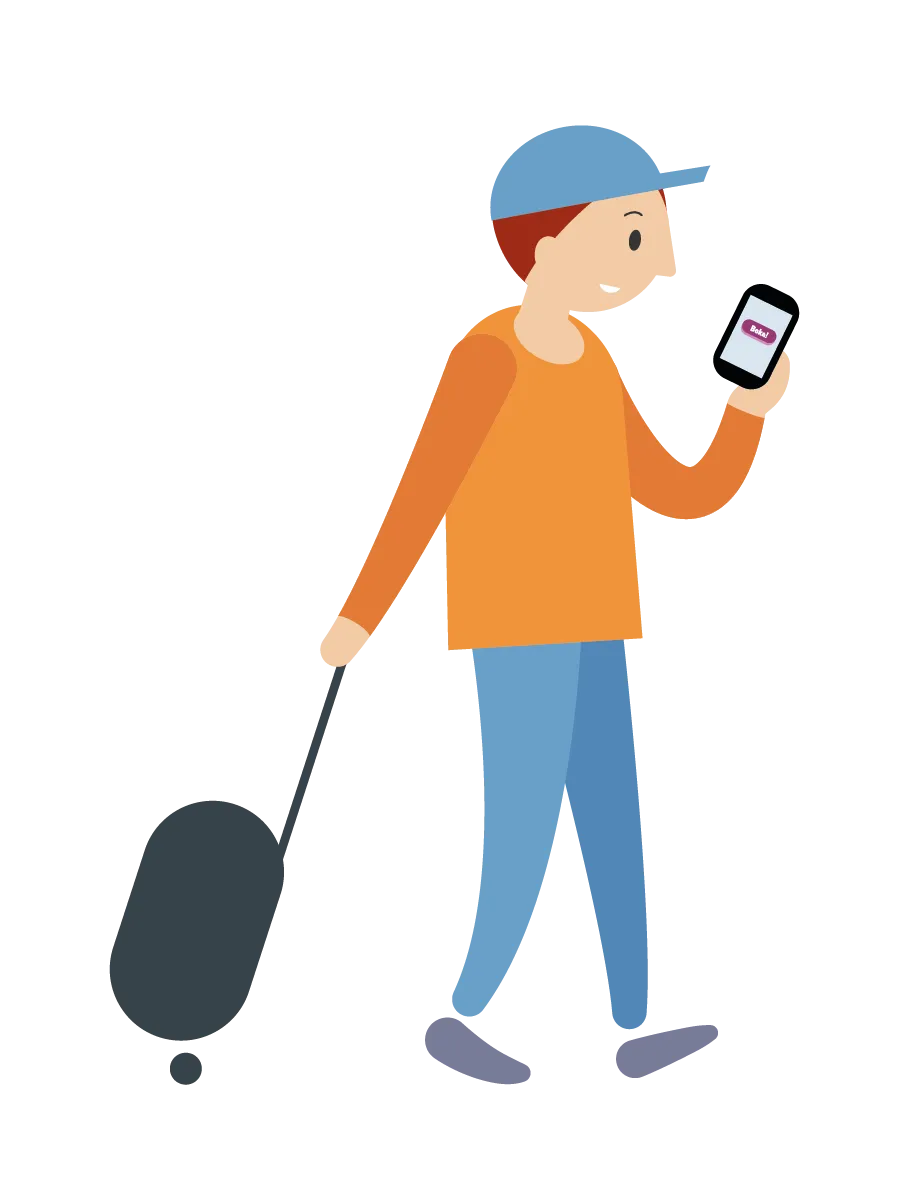 En person på väg med resväska och en telefon med bokaknapp. Illustration.