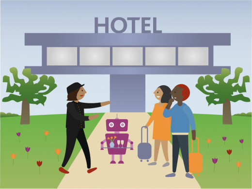 Illustration av tre personer och en robot utanför ett hotell